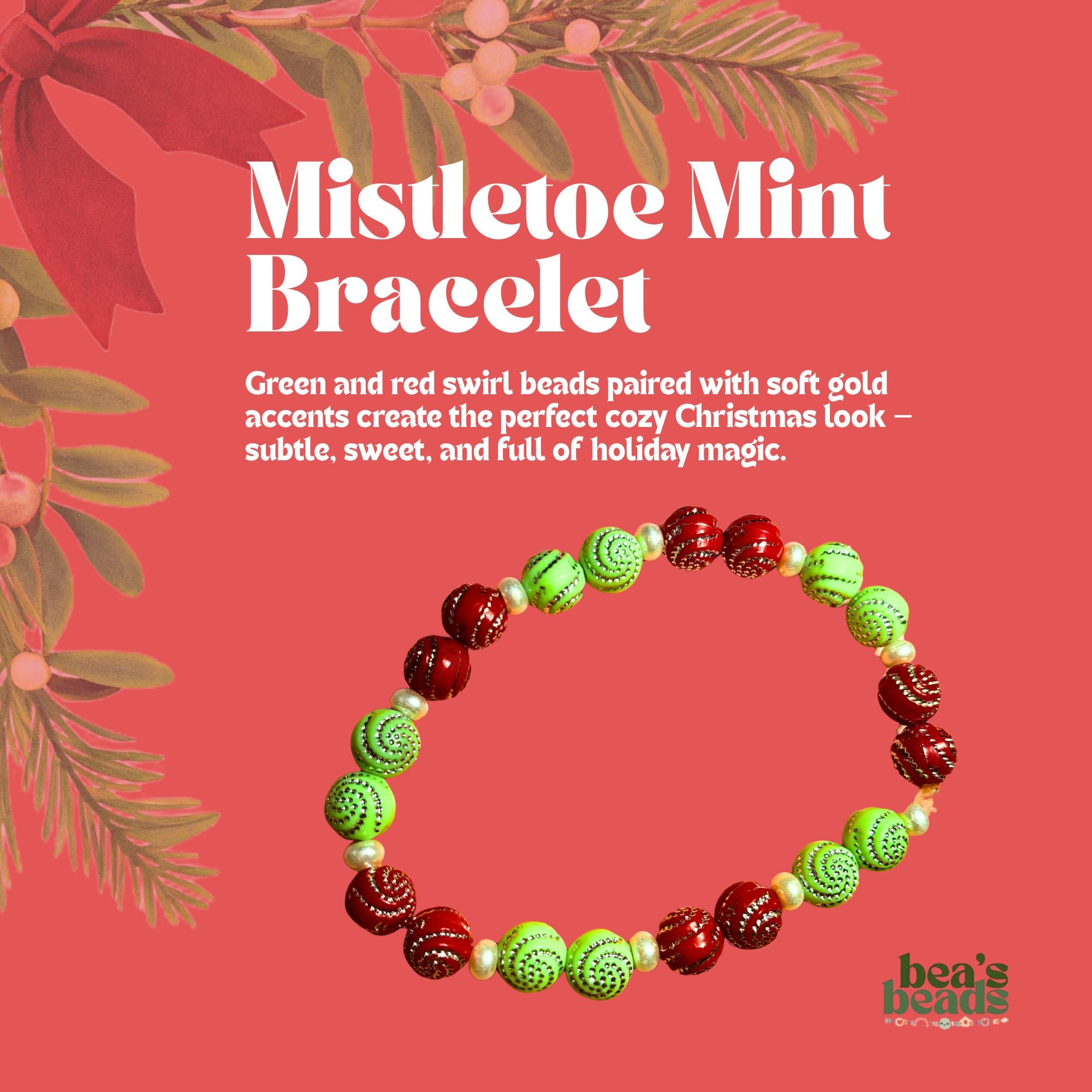Mistletoe Mint Bracelet – Green & Red Holiday Beaded Bracelet | Bea’s Beads