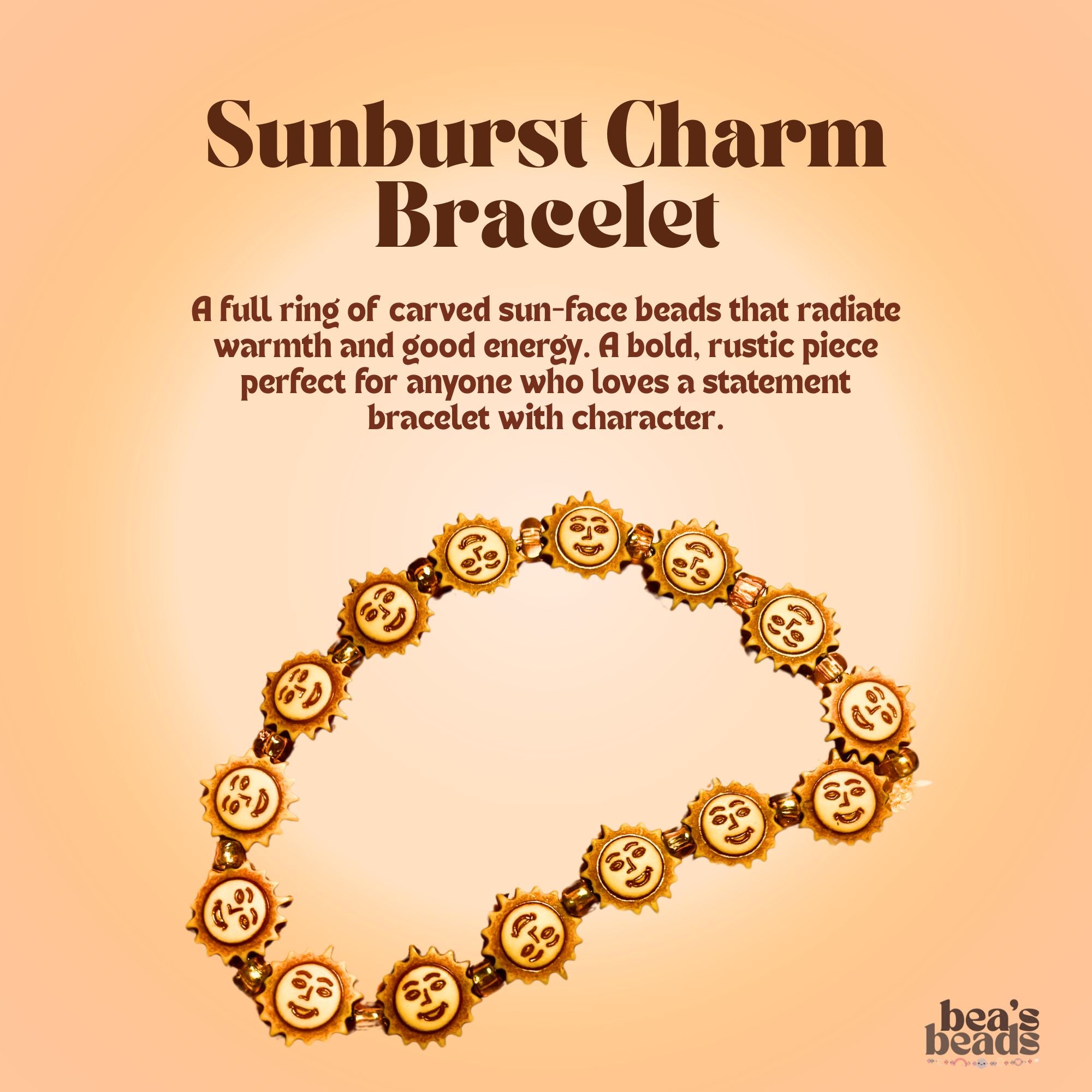Sunburst Charm Bracelet – Carved Sun Beaded Bracelet | Bea’s Beads